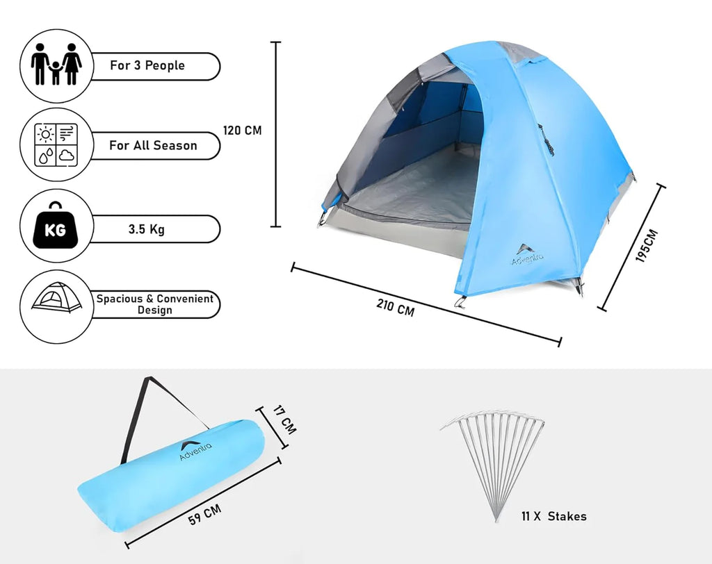 Adventra 3-Person Camping Tent with UV Protection & Waterproof Flysheet (ET1100) Aqua Blue