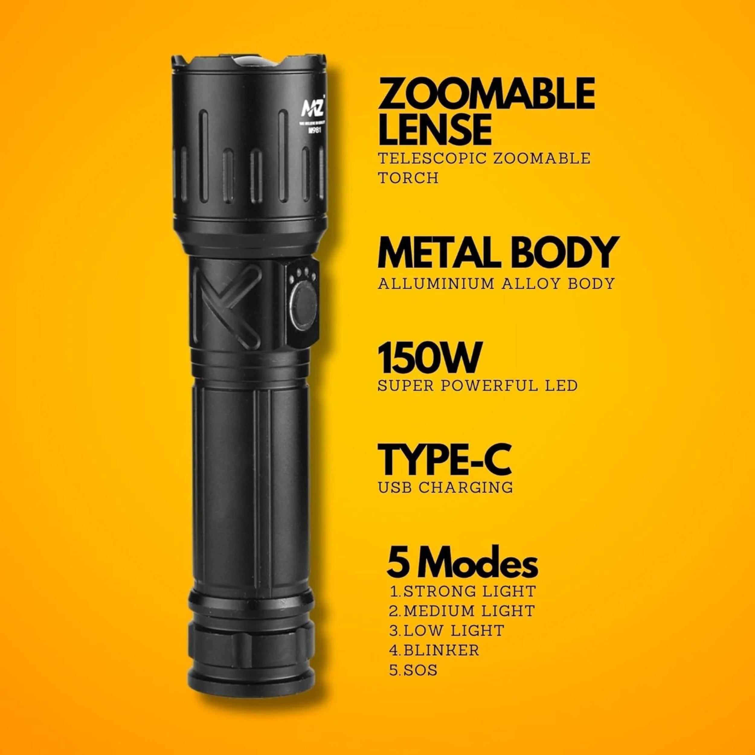 MZ M981 Rechargeable Torch | 150W LED, 5 Modes Flashlight – Rockcraft