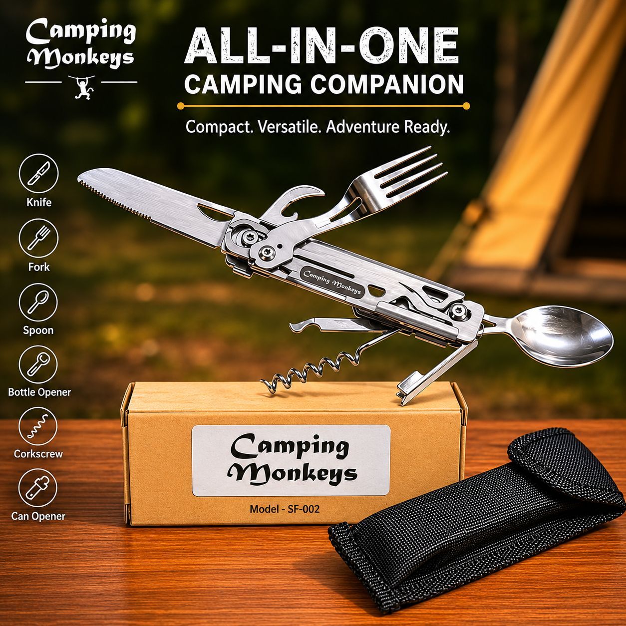 5-in-1 Steel Campware Cutlery Set | Multitool | Camping Monkeys