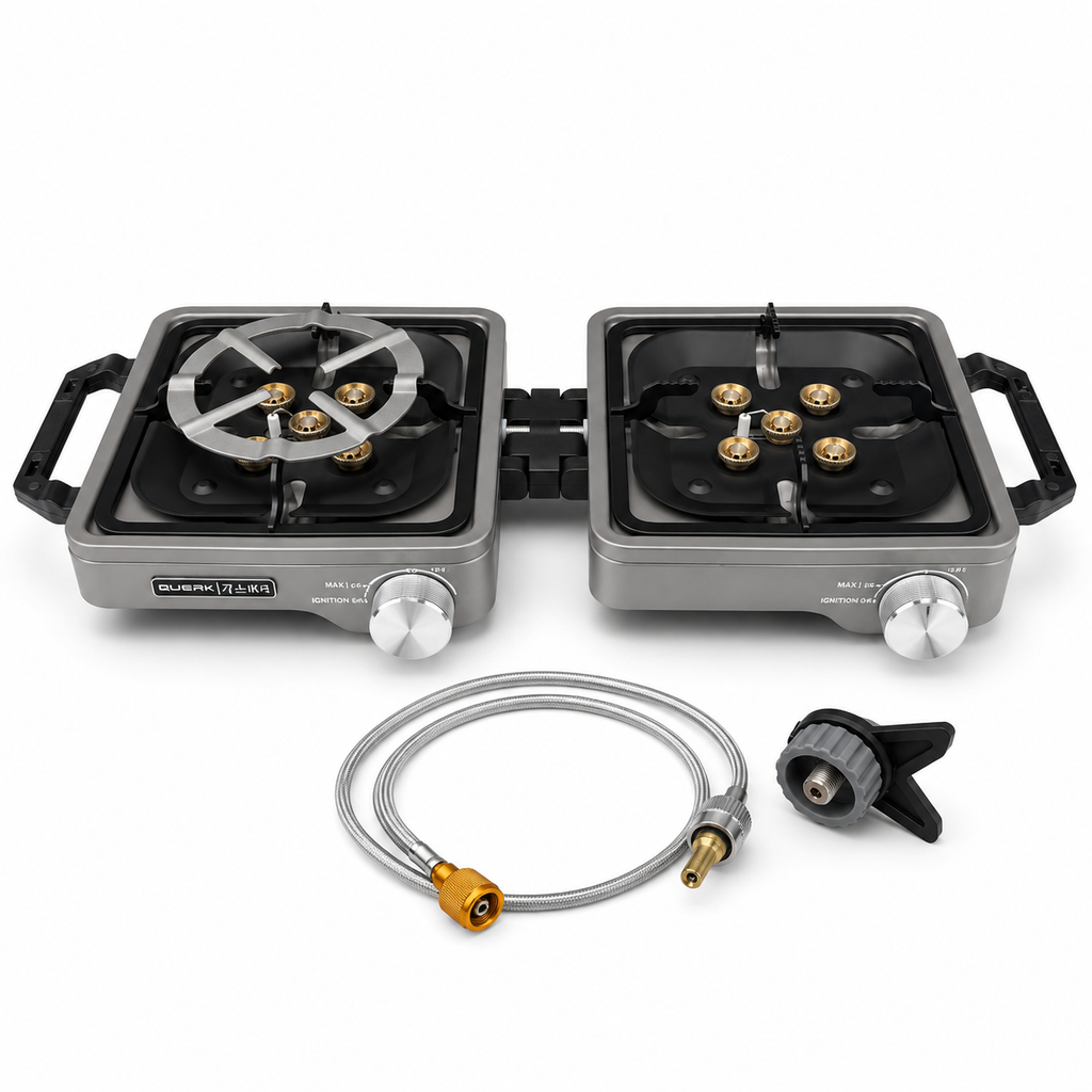 Folding Portable Double Burner Propane & Butane Camping Stove with Pipe