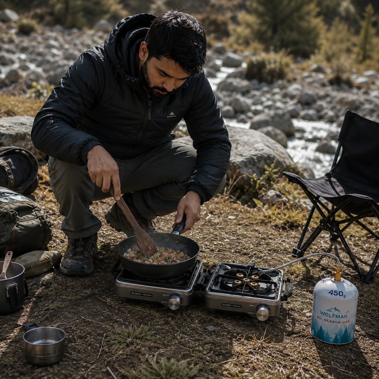 Folding Portable Double Burner Propane & Butane Camping Stove with Pipe