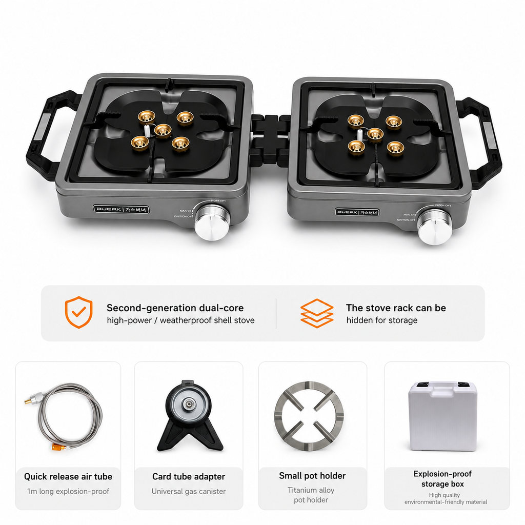 Folding Portable Double Burner Propane & Butane Camping Stove with Pipe