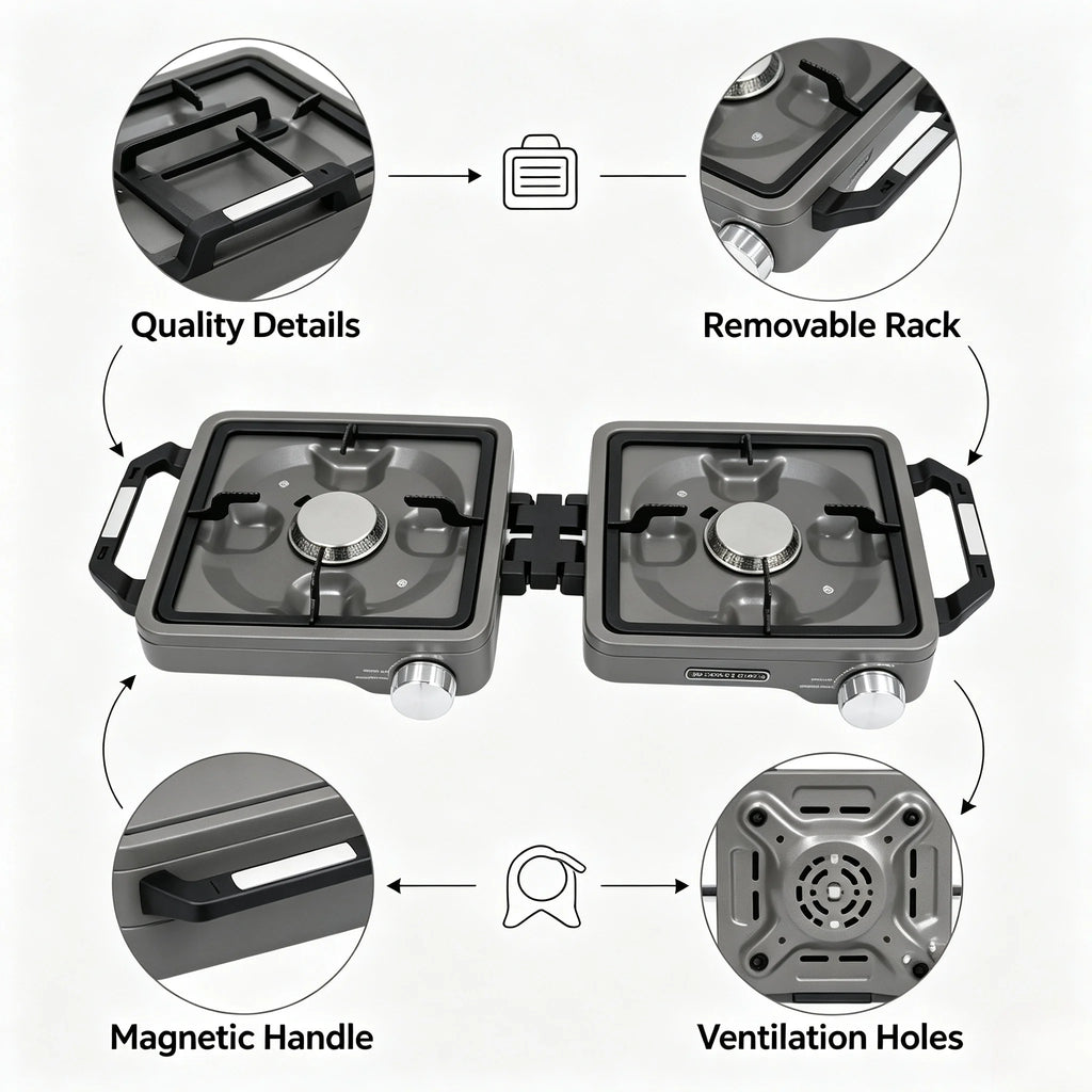 Folding Double Burner Portable Propane & Butane Camping Stove with Pipe