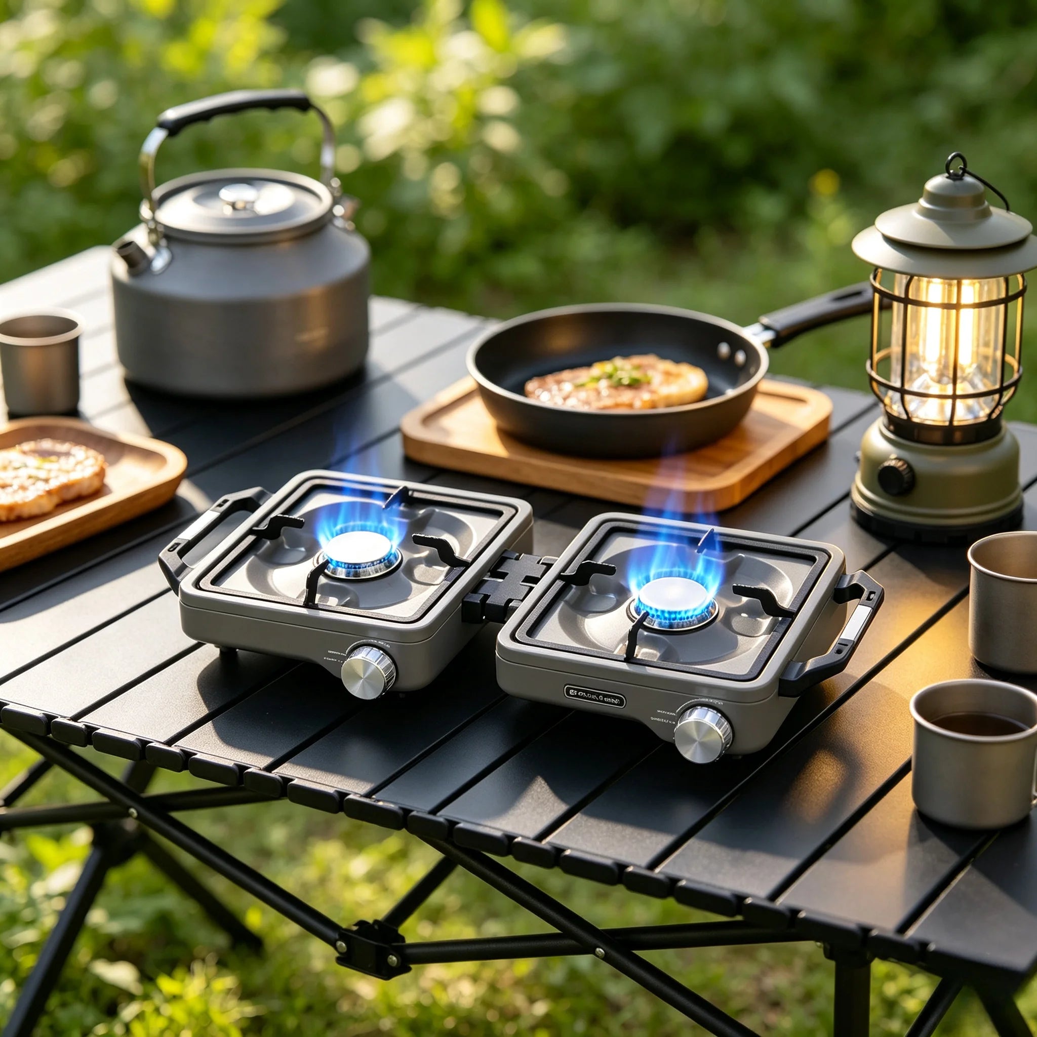 Folding Double Burner Portable Propane & Butane Camping Stove with Pipe