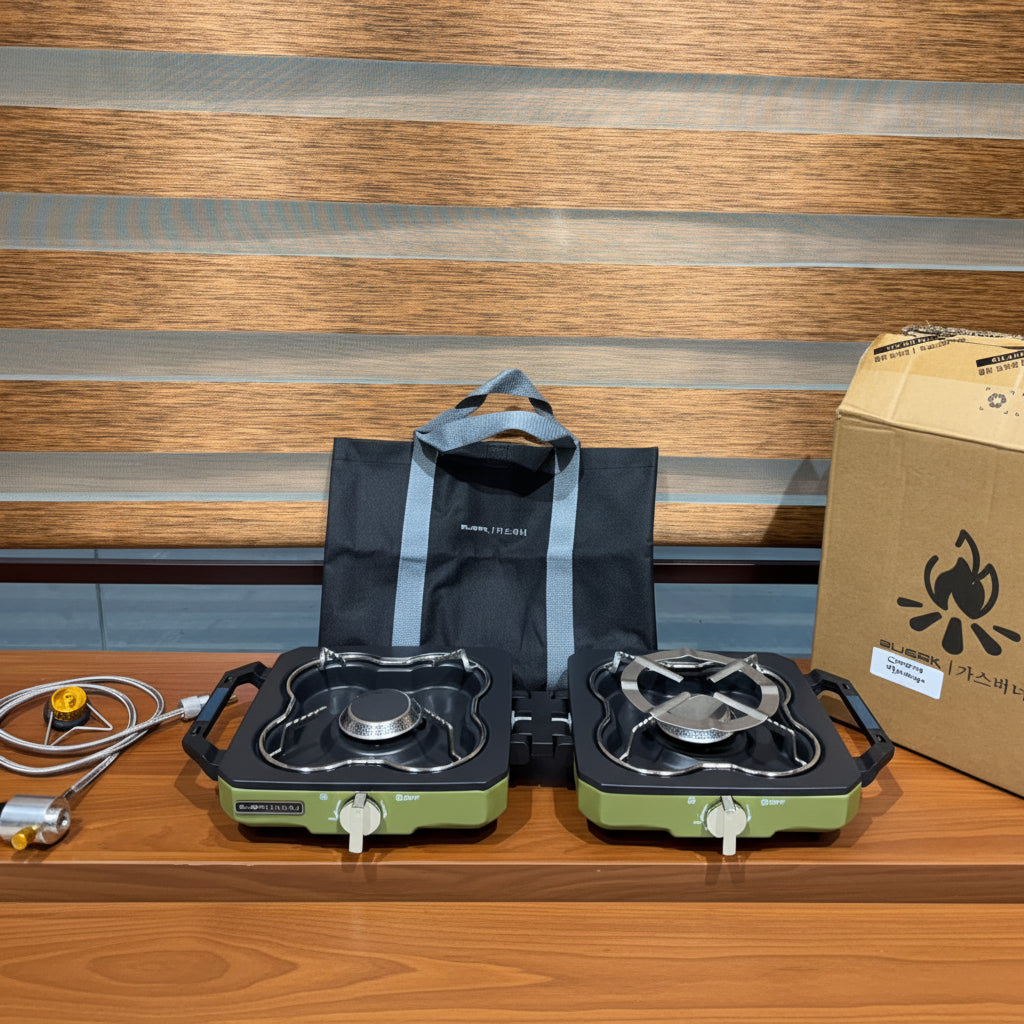 Folding Portable Double Burner LPG & Butane Camping Stove with Pipe