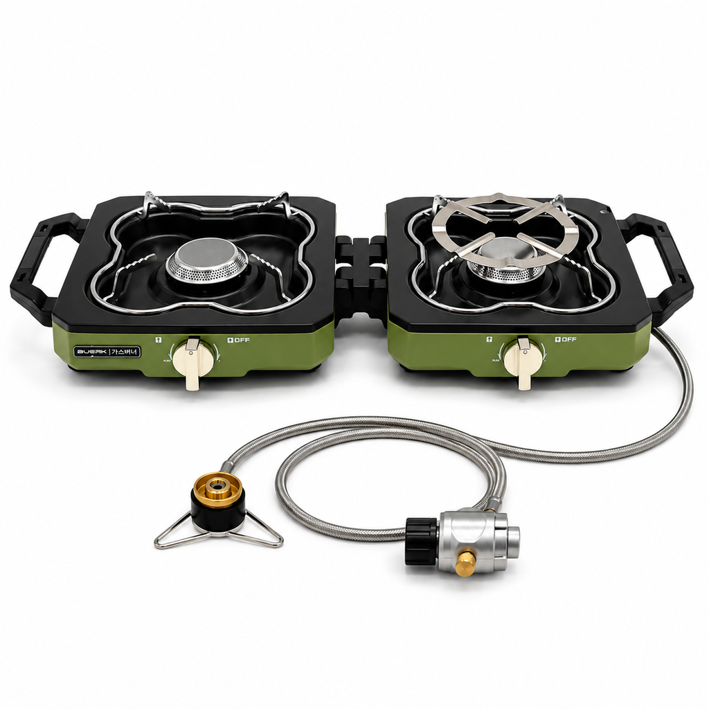 Folding Portable Double Burner LPG & Butane Camping Stove with Pipe
