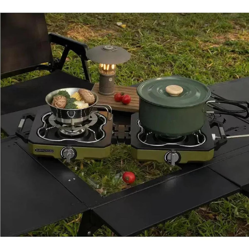 Folding Portable Double Burner LPG & Butane Camping Stove with Pipe