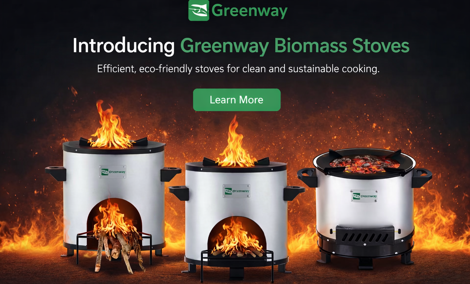 Three Greenway biomass stoves with flames on a dark background, featuring the Greenway logo and text about eco-friendly cooking.