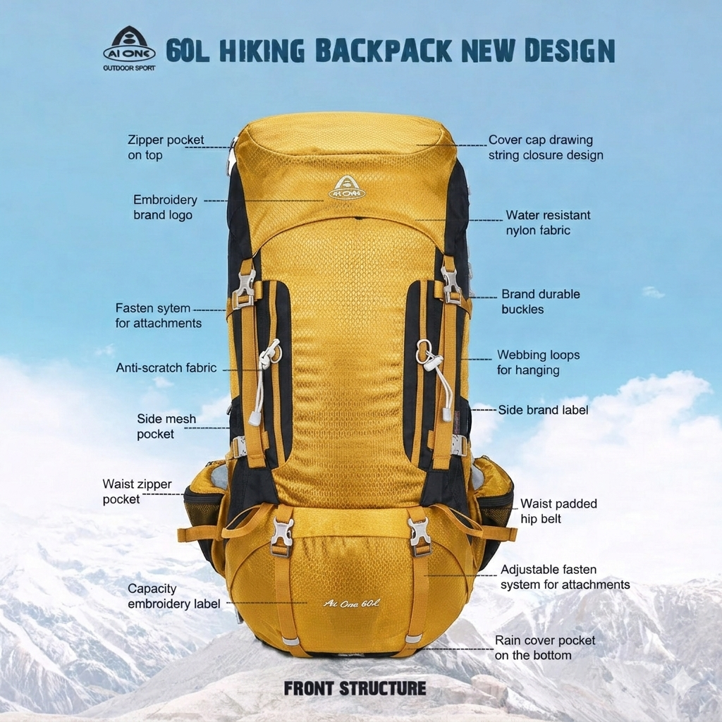 AIOne 60L Outdoor Hiking Rucksack (Yellow)