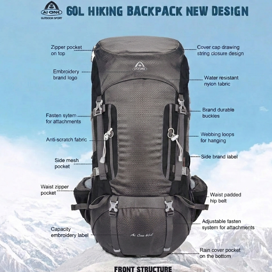 AI One 60L Outdoor Hiking Rucksack (Dark Grey)