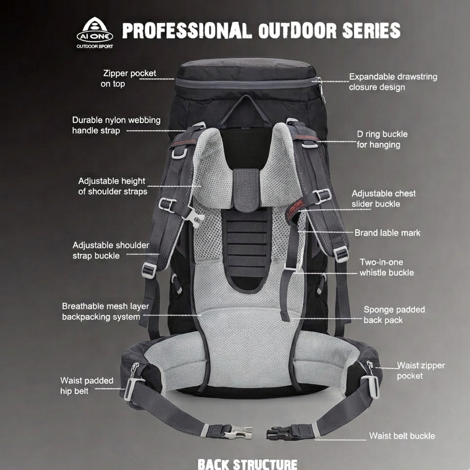 AI One 60L Outdoor Hiking Rucksack (Dark Grey)