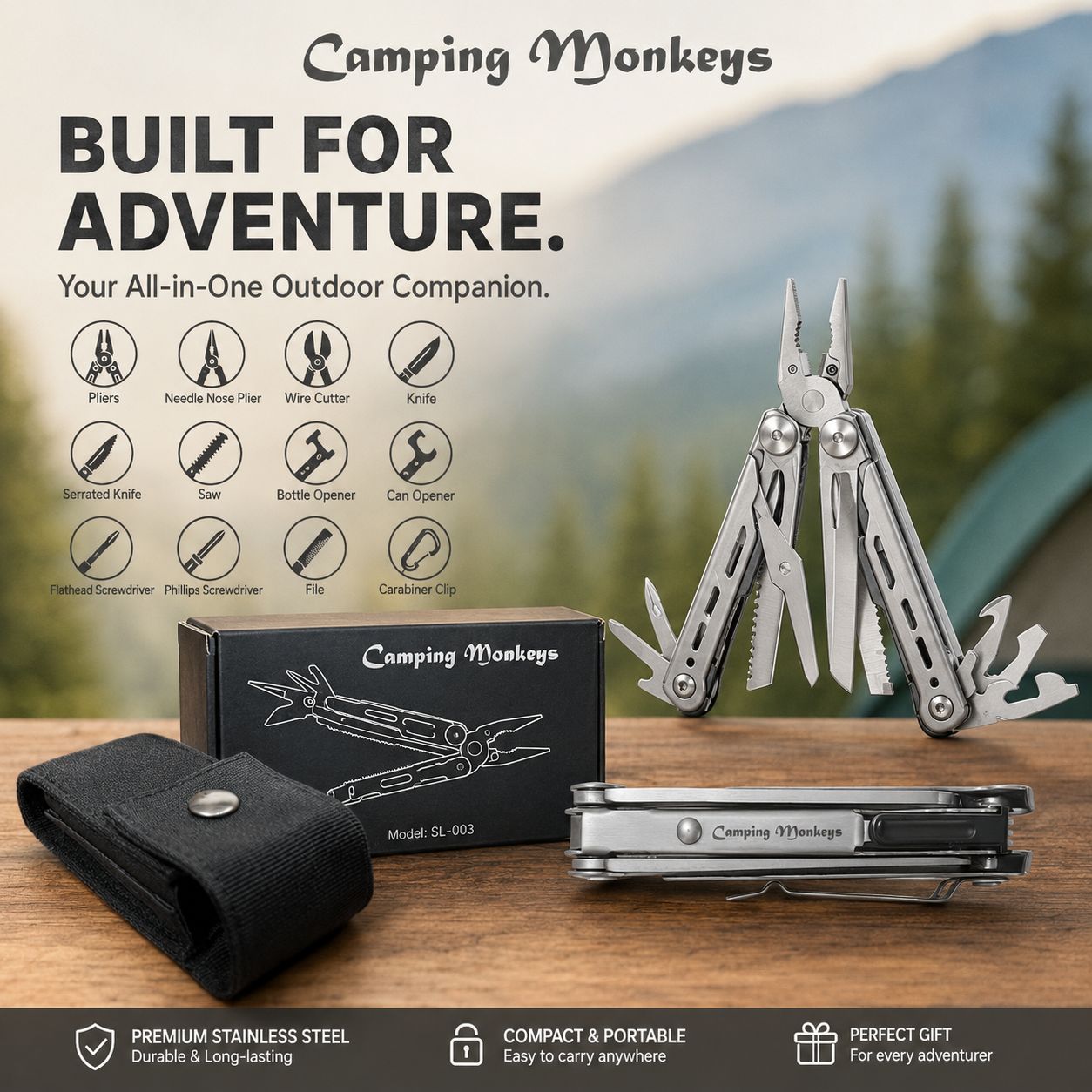 12-in-1 Stainless Steel Outdoor Multitool | Camping Monkeys