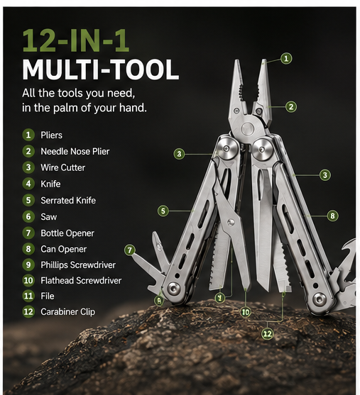 12-in-1 Stainless Steel Outdoor Multitool | Camping Monkeys