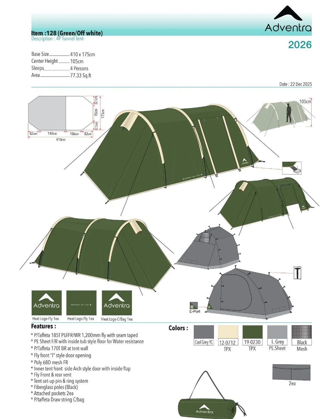 Adventra 4 Person Waterproof Camping Tent ET1104 – Lightweight & Durable- Green