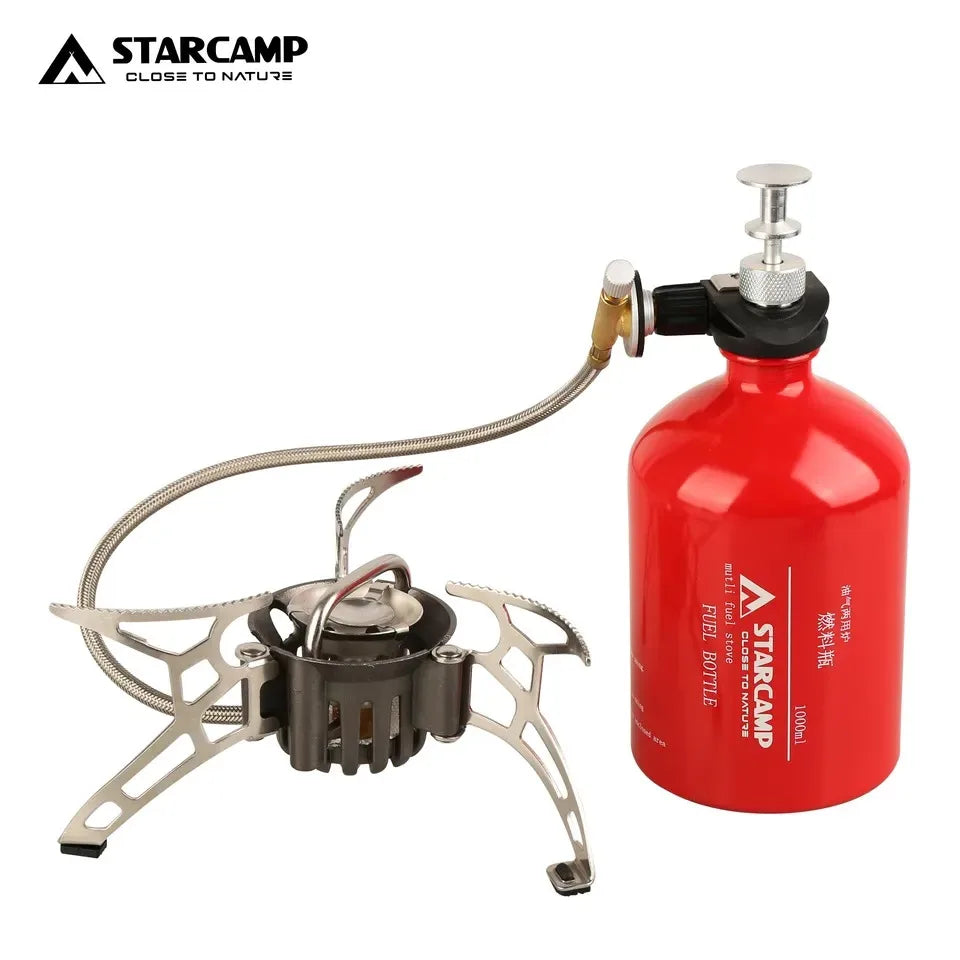 Starcamp camping stove with red fuel bottle on a white background