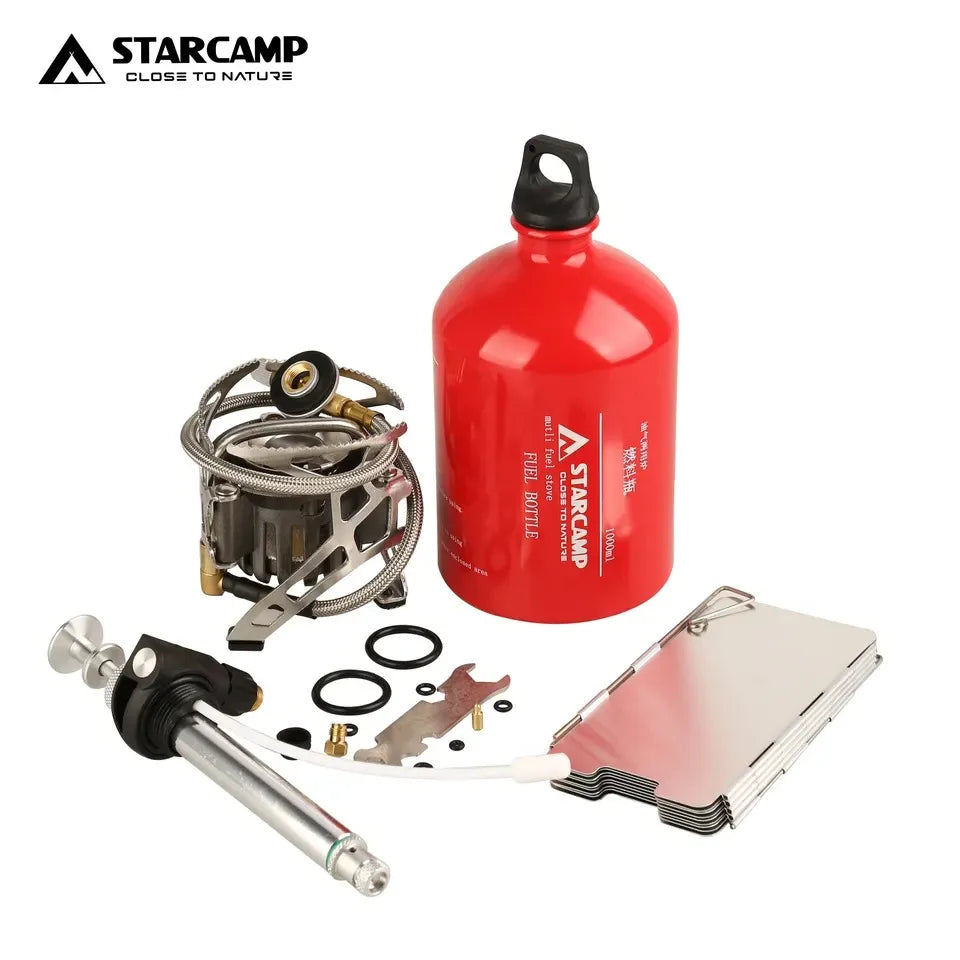 Starcamp camping stove kit with red fuel canister on a white background