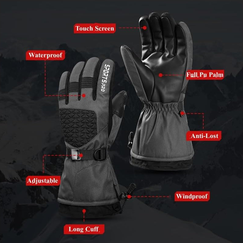 Pair of black and gray gloves with feature labels on a dark background