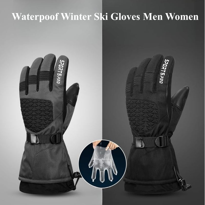 Waterproof winter ski gloves for men and women with a close-up of a hand wearing one glove.