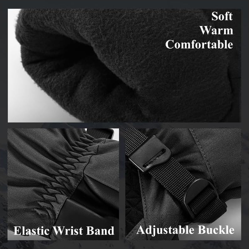 Black jacket with soft, warm, comfortable material, elastic wrist band, and adjustable buckle.