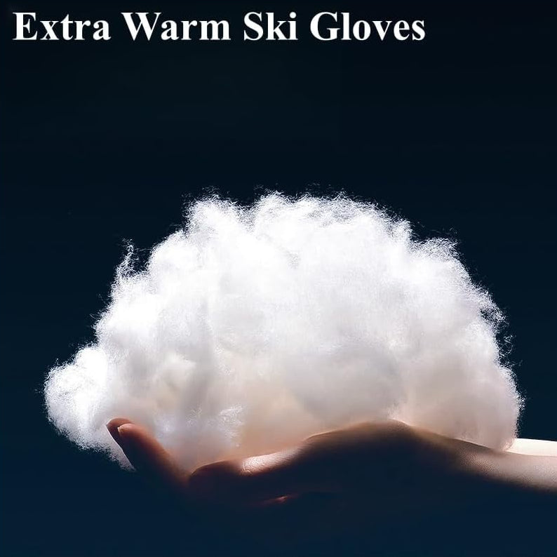 Hand holding a large ball of white yarn with 'Extra Warm Ski Gloves' text above on a black background