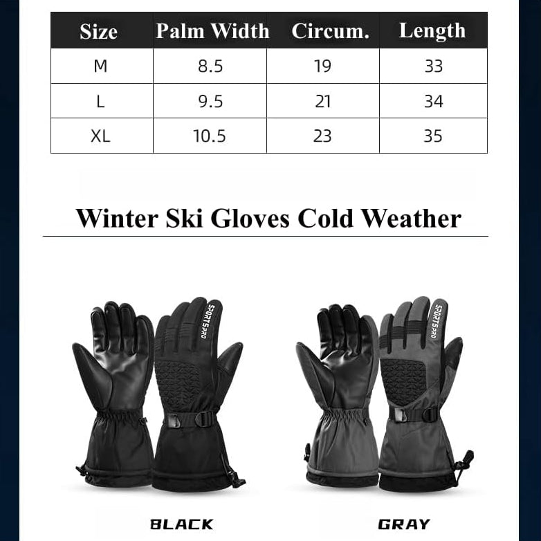 Winter ski gloves with size chart and color options on a white background