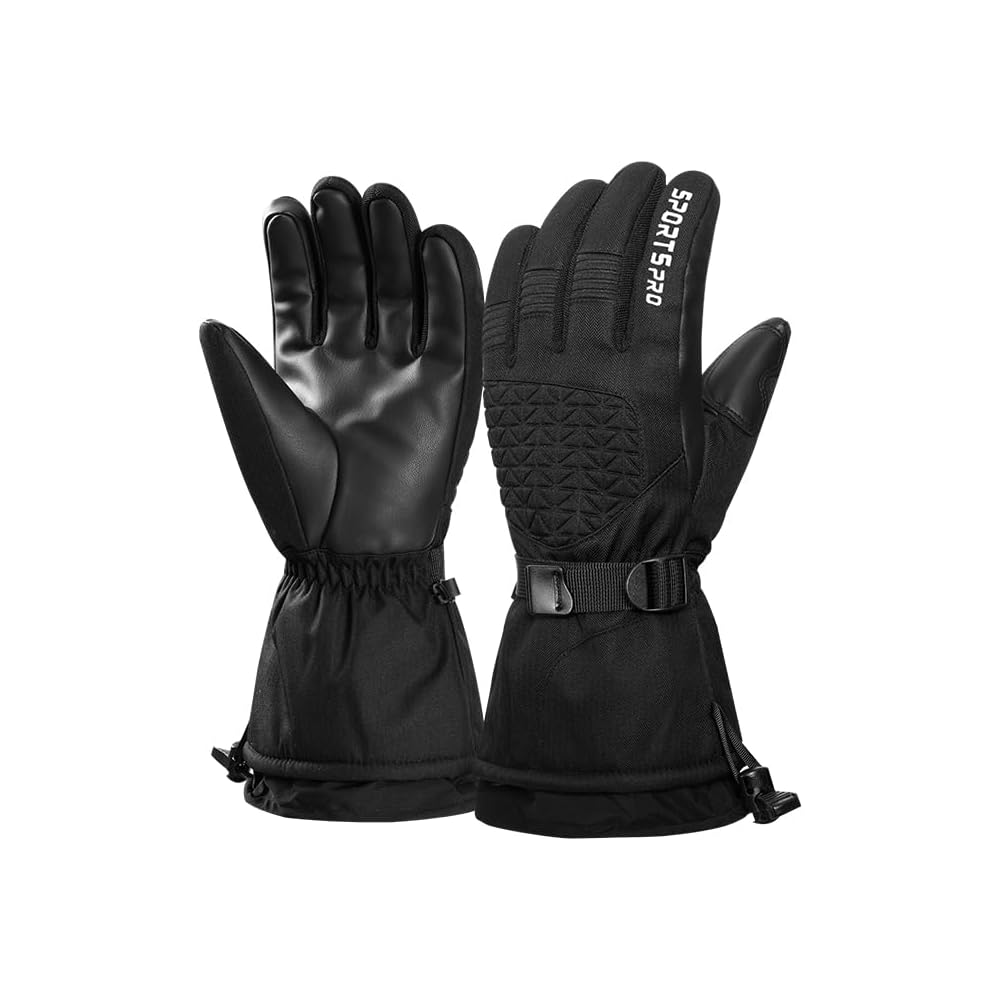 Pair of black gloves with text on a white background