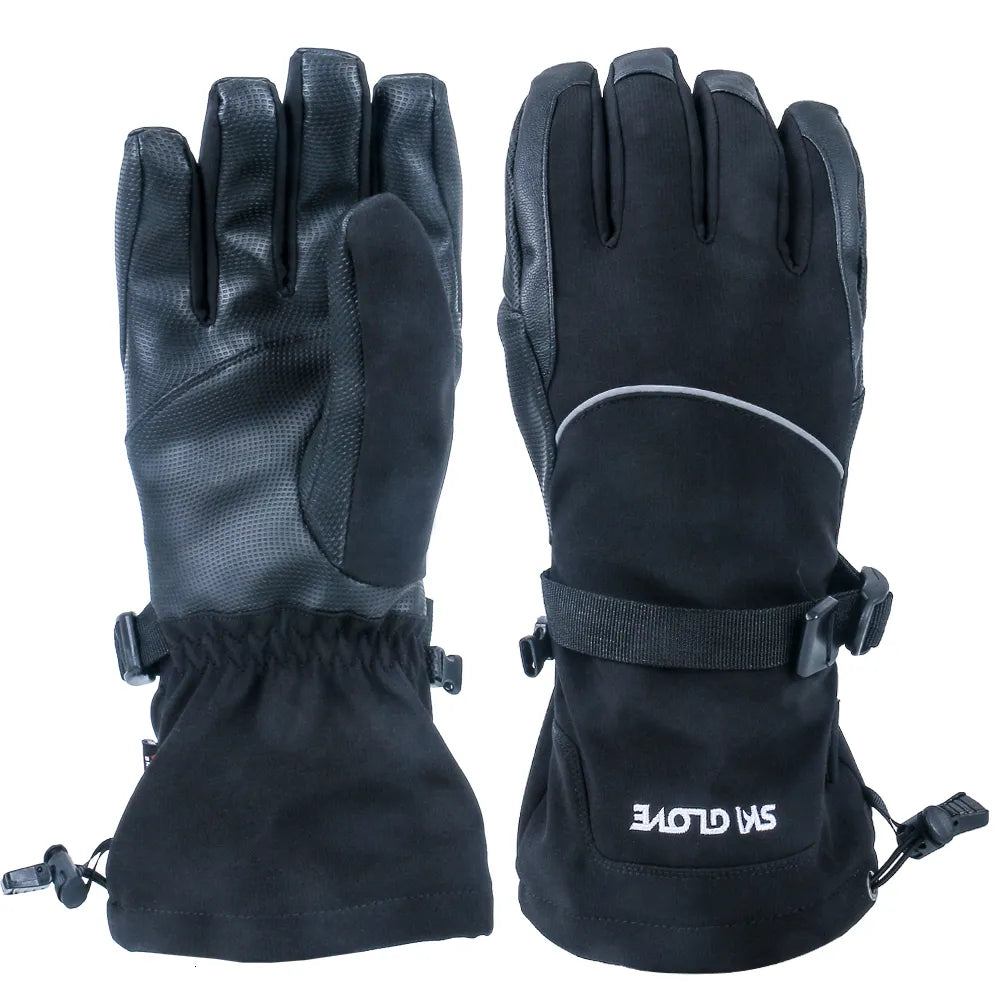 Pair of black gloves with text on a white background