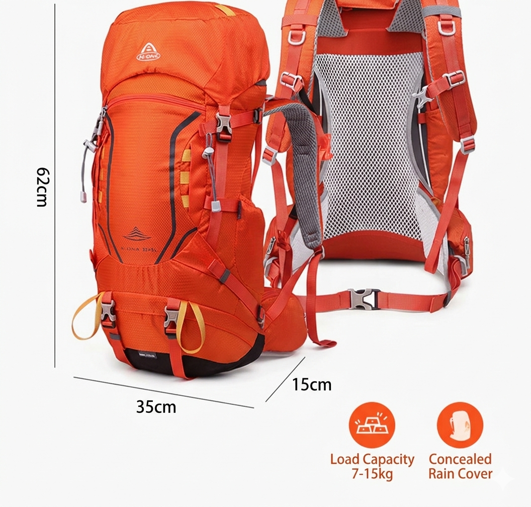 Ai One 40L trekking backpack in orange color, featuring a load capacity of 7-15kg and a concealed rain cover.