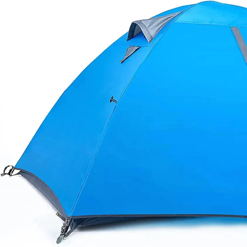 Blue camping tent with gray accents on a white background