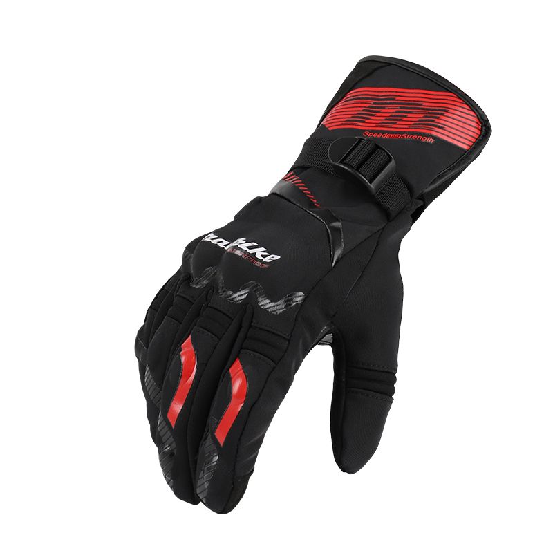 Black and red glove with visible branding on a white background