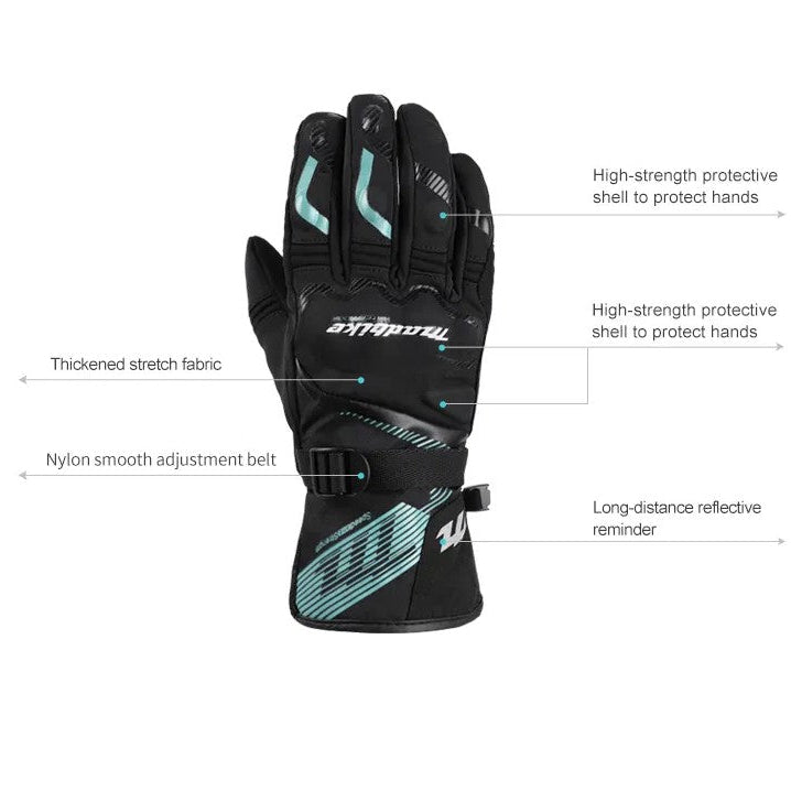 Black and teal glove with feature labels on a white background