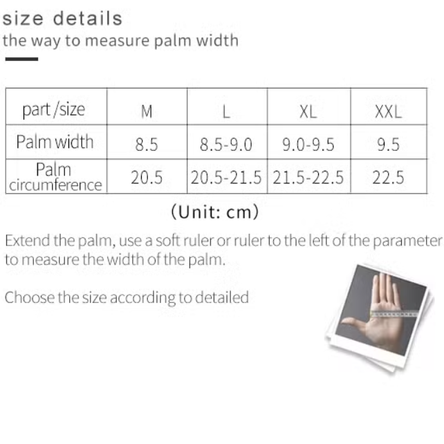 Size chart for palm width and circumference with measurement guide.