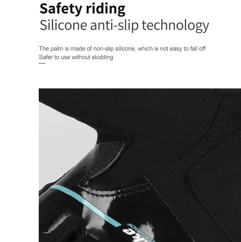 Close-up of a black glove with silicone anti-slip technology and brand name on a white background.