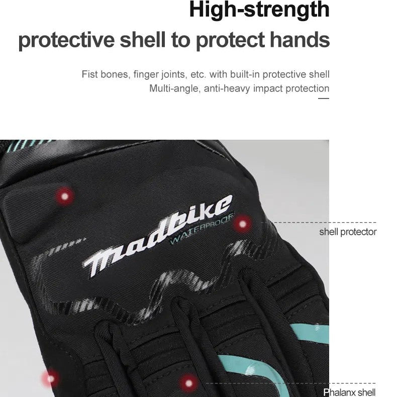 Black motorcycle glove with protective shell and 'Mudbike' branding on a white background