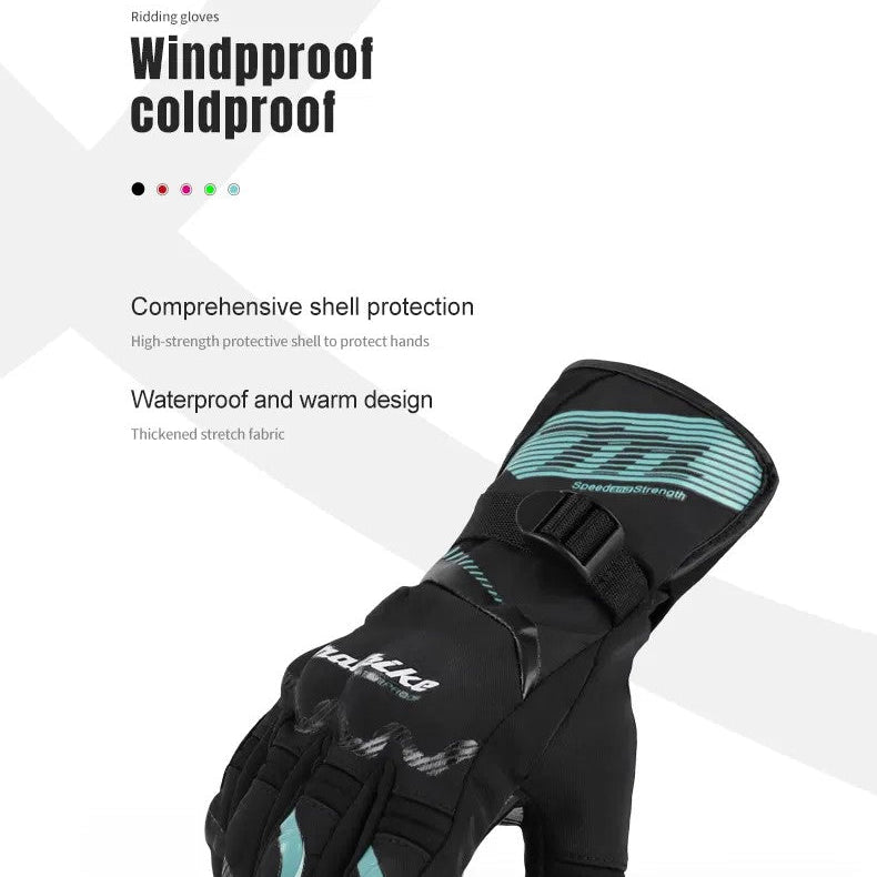Black and teal glove with text on windproof, coldproof, and protective features on a white background