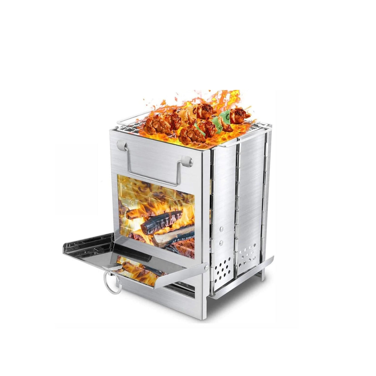 Stainless steel grill with food on a white background