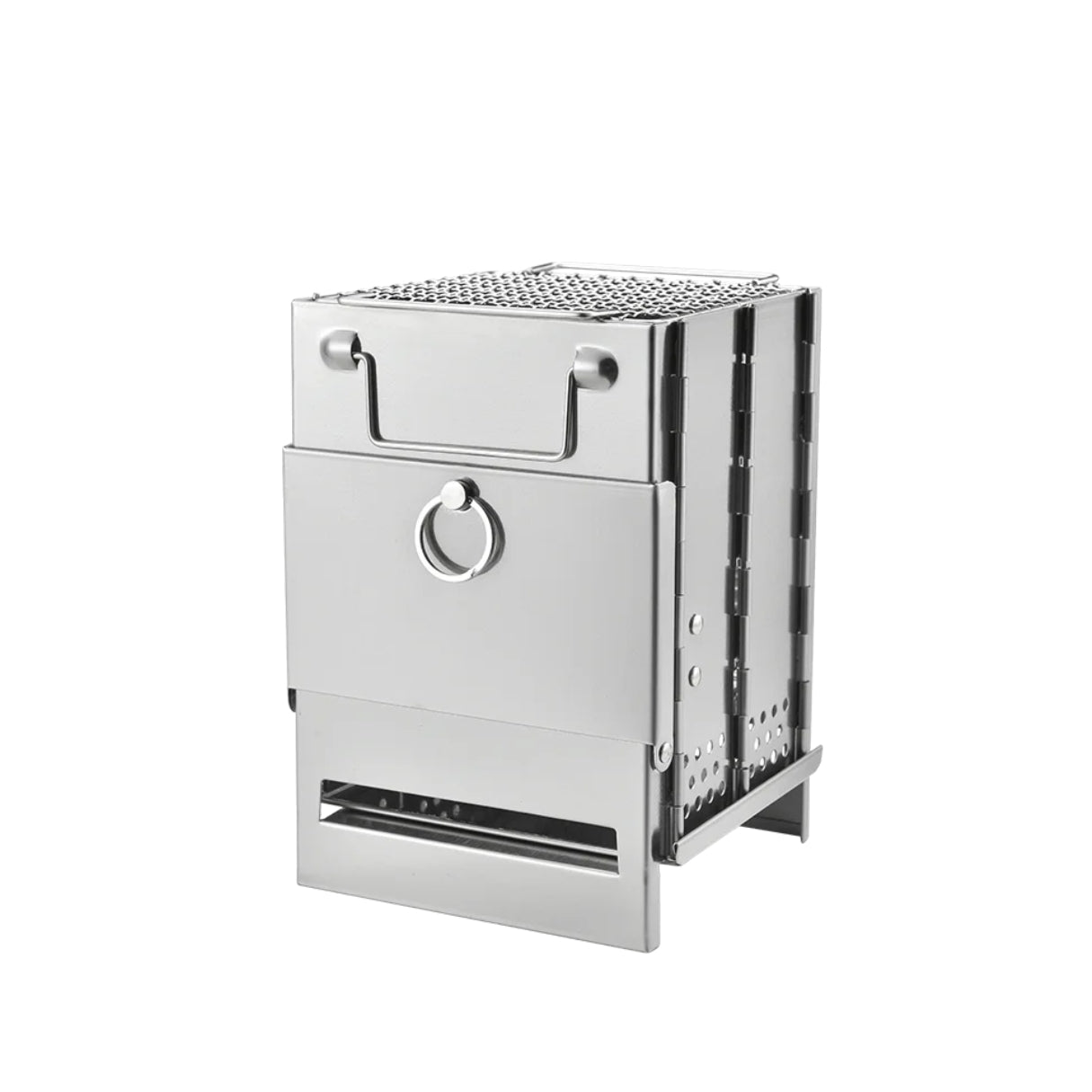 Stainless steel outdoor grill on a white background