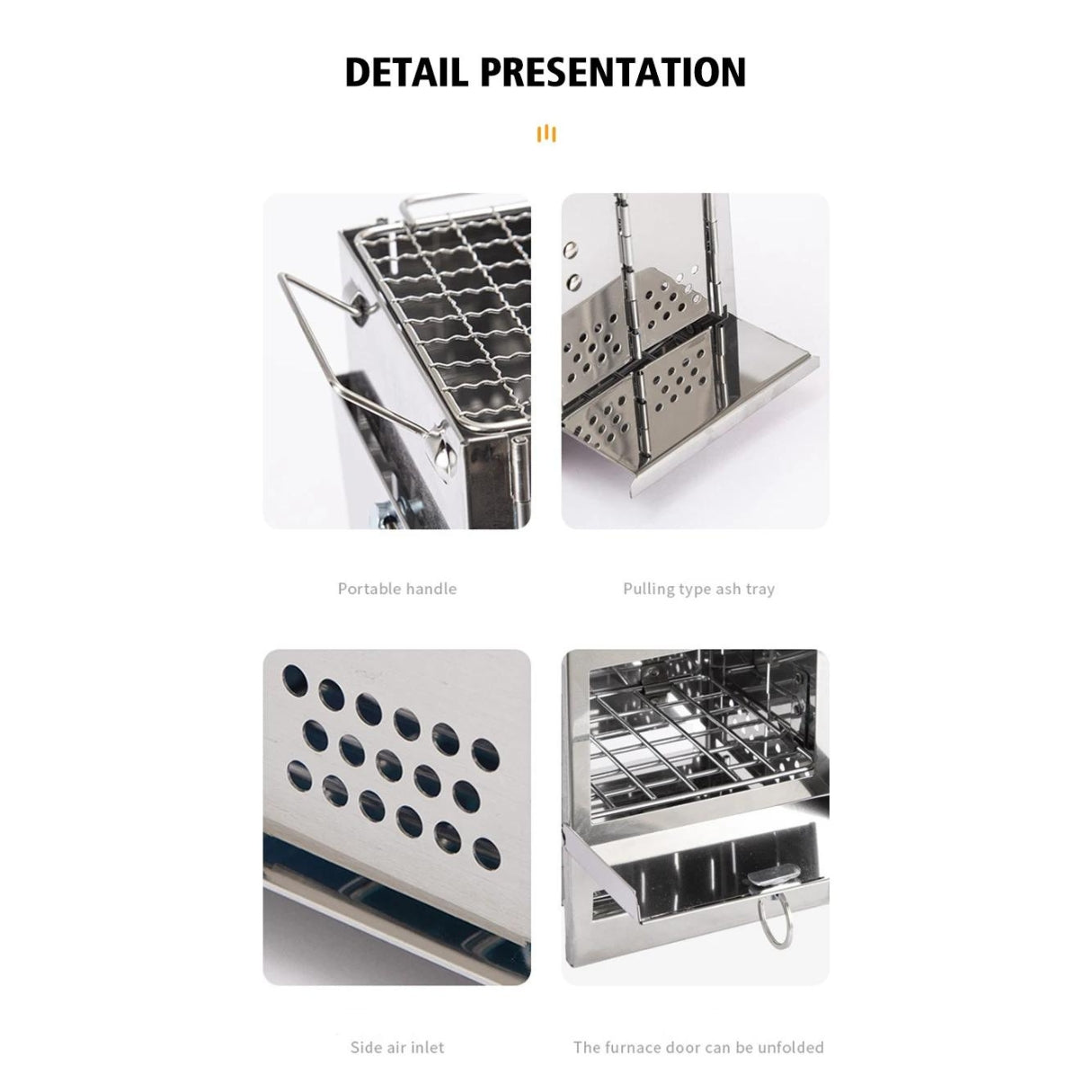Detailed view of a metal grill with various components labeled on a white background.
