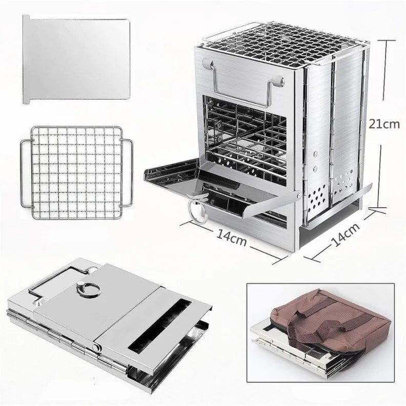Stainless steel grill with dimensions and additional components on a white background