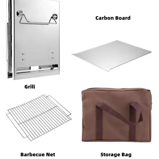 List of product items including a carbon board, grill, barbecue net, and storage bag on a white background.