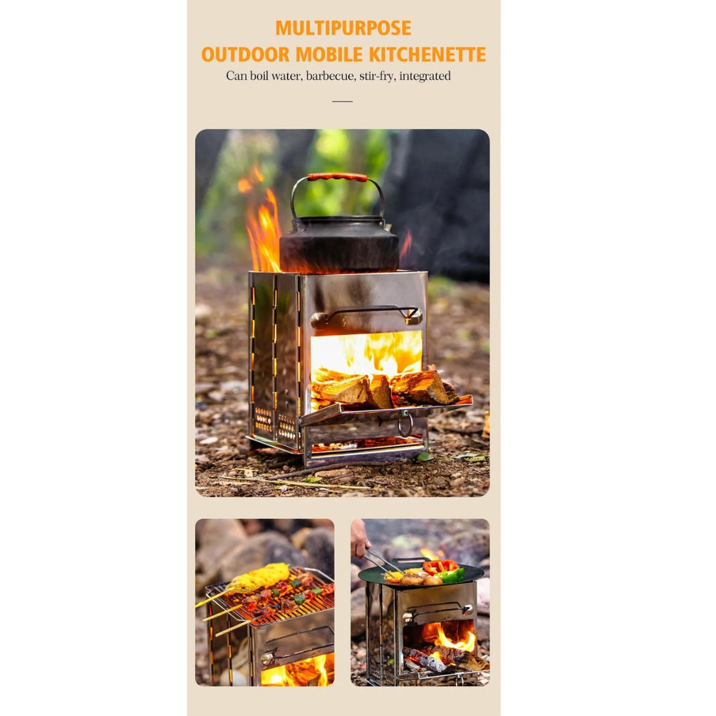 Outdoor mobile kitchenette with flames and cooking scenes on a beige background