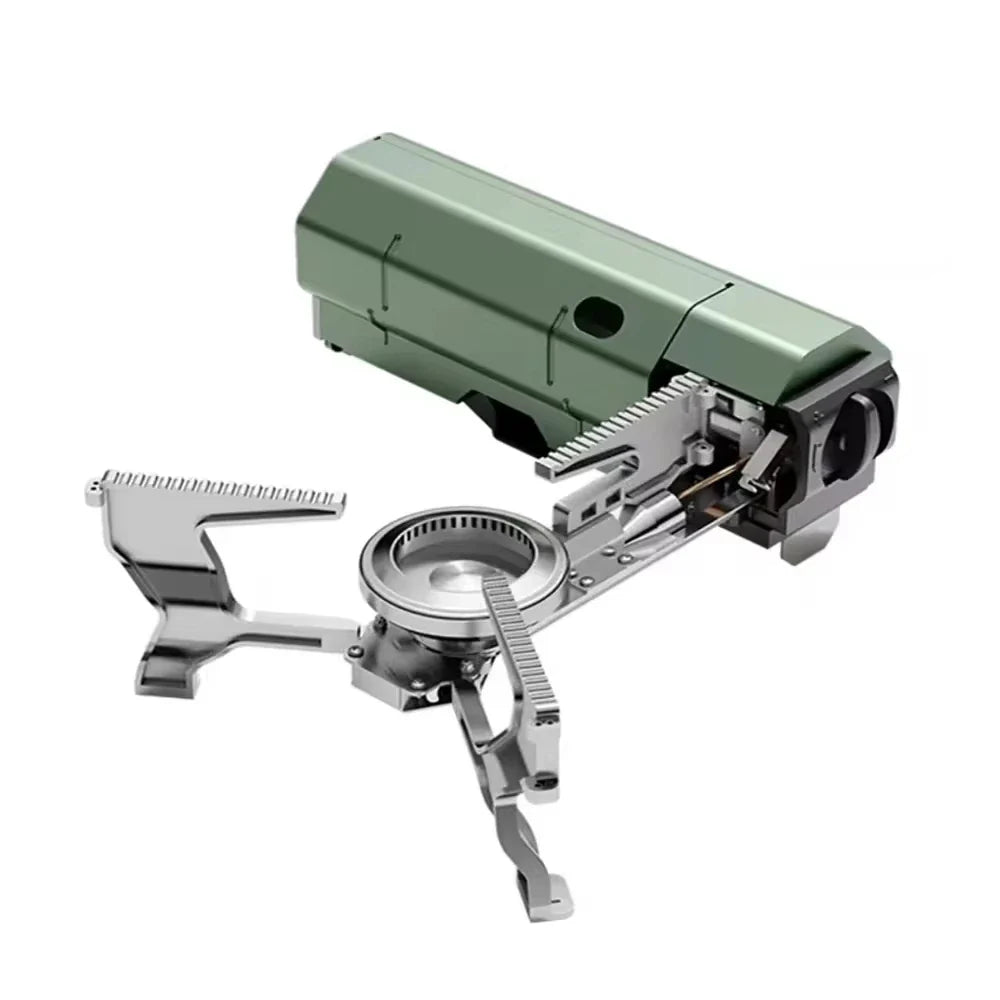 Portable stove with green top and silver base on a white background