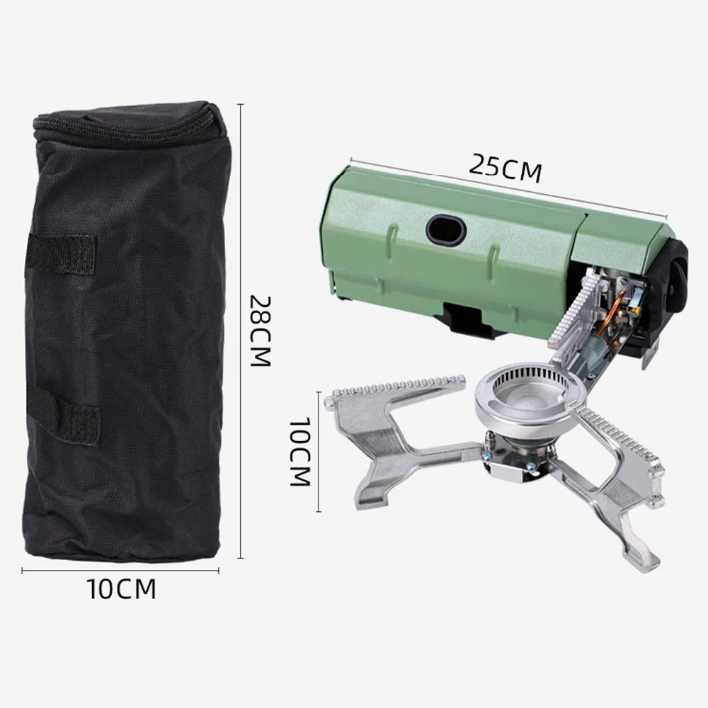 Measurement chart showing a camping stove, black bag, and green container with dimensions.