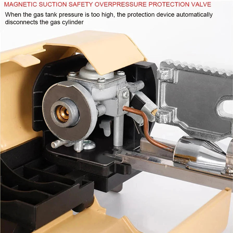 Magnetic suction safety overpressure protection valve with text explaining its function.