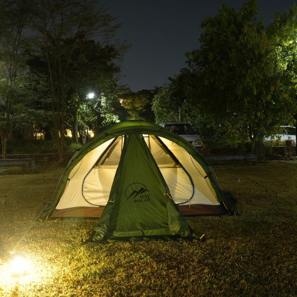 Green tent set up in a park at night with streetlights illuminating the area.