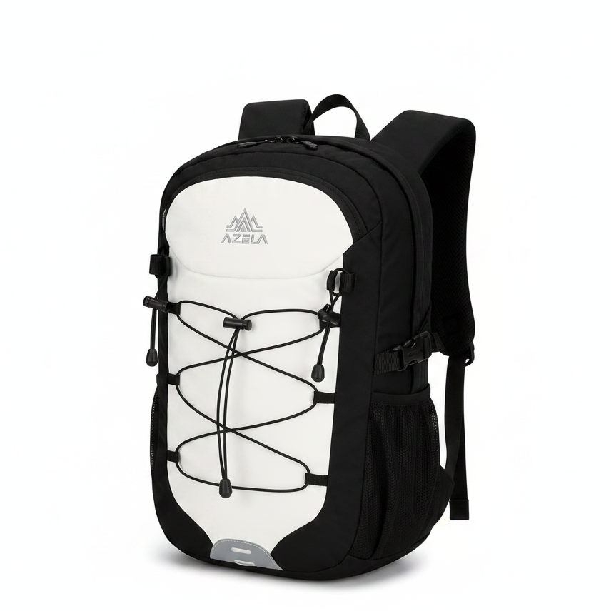 A black and white Azela backpack with front bungee cord compression straps, a white front panel with the gray Azela logo, and black side mesh pockets, shown on a plain white background.